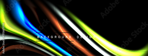 Abstract fluid shapes, vibrant colors, dynamic curves. Dark background emphasizes bright light trails, modern design element.