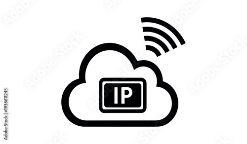 Black and white icon of a cloud with ip address and signal waves