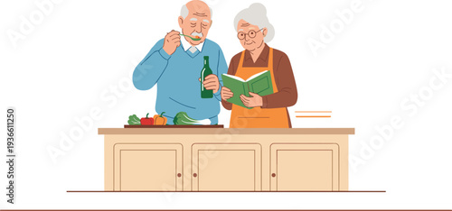 Elderly couple cooking together in kitchen using recipe book healthy home lifestyle vector illustration
