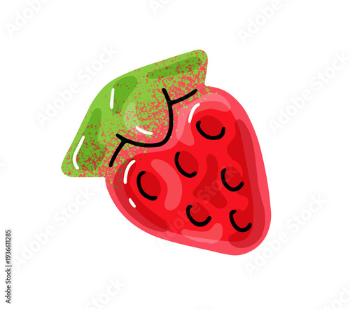 Jelly candy with strawberry shape and flavour. Funny gummy berry. Soft gelatin sweet for kids. Fruit marmalade with cute form. Chewing confectionery. Flat isolated vector illustration on white