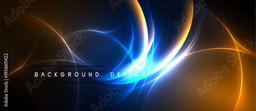 Abstract energy flows, vibrant blue, orange hues. Dynamic light streaks create futuristic backdrop. Smooth gradients, elegant design.