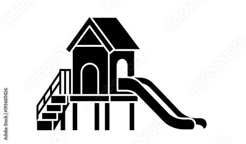 Black silhouette of a playhouse with a slide and stairs