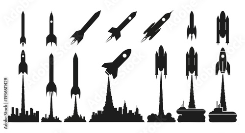 Collection of black silhouette rocket icons, showing various designs and stages of launch and flight against a white background.