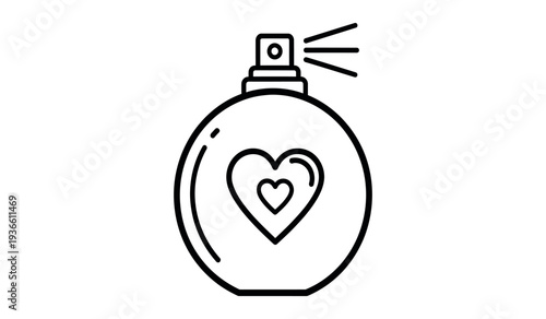 A black and white line drawing of a perfume bottle with a heart design on the front