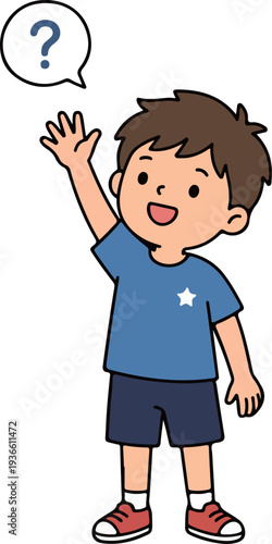 Kids raising hands in classroom asking question cartoon illustration