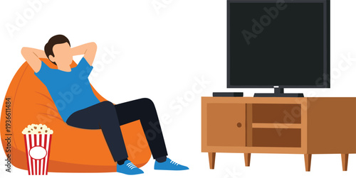 Man relaxing on bean bag chair watching television with popcorn home leisure vector illustration