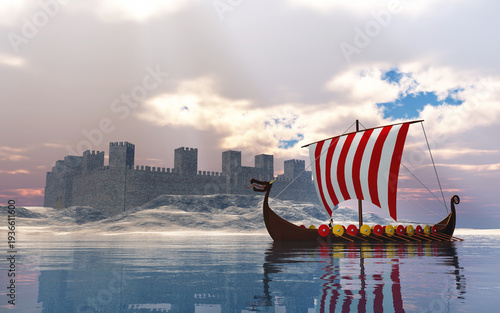 Wikingerschiff vor einer Küste mit einer Festung