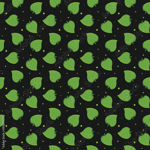 Seamless pattern with green heart shaped leaves and little dots on black background.
