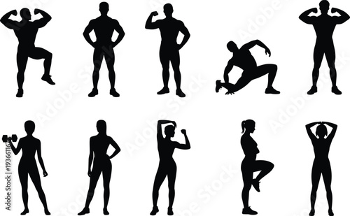 Fitness and bodybuilding silhouettes set with men and women exercising posing stretching and weight training gym activity icons