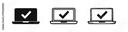 Laptop with Check Mark Icon Set. Successful Online Task Completion or Verification.