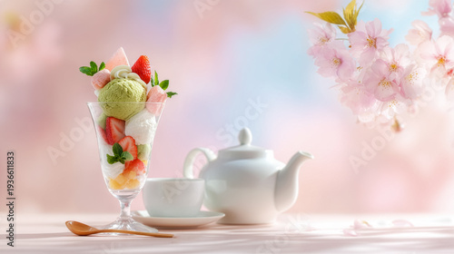 満開の桜を背景に、抹茶アイスと新鮮な苺を贅沢に使った春限定のパフェ。ティーポットとカップを添えた優雅な和風スイーツのティータイム。