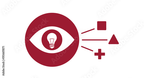 A deep red circular icon containing a white eye with a central light bulb pupil connected to three geometric shape branches.