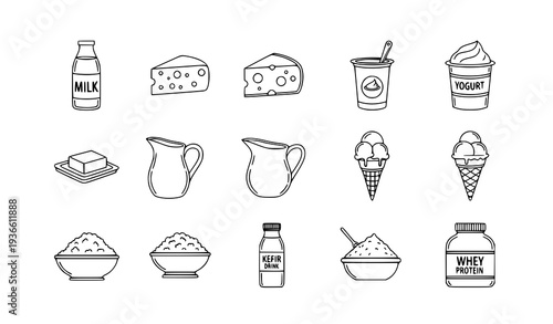 Farm dairy product outline icon set including milk cheese butter and cream