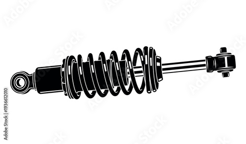 Black and white illustration of a car shock absorber with coil spring