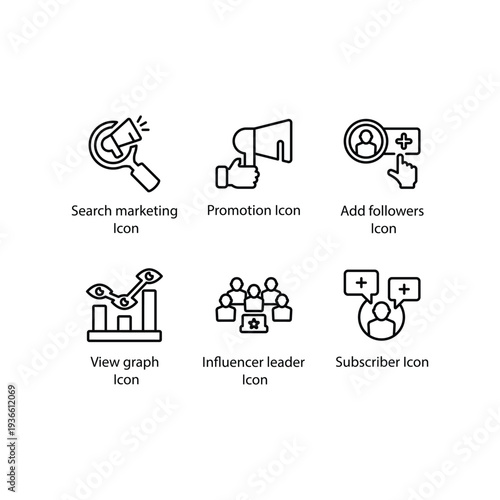 Search marketing, Promotion, Add followers, View graph, Influencer leader, Subscriber, icon