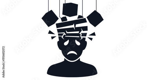 Sad Silhouette with Fractured Head and Falling Blocks