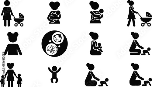Pictograms Representing Motherhood Pregnancy and Childcare Activities baby family