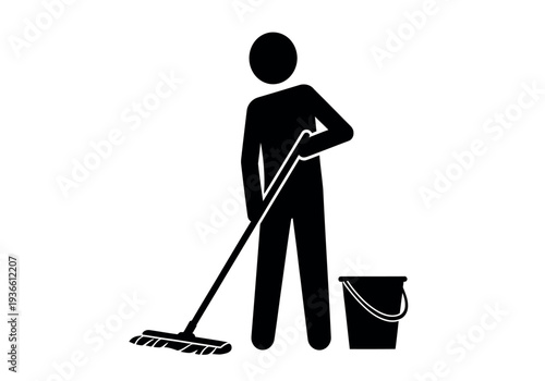 A silhouette of a person holding a mop and standing next to a bucket