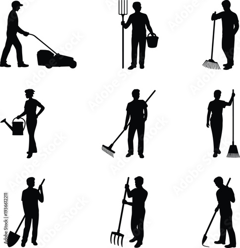Gardener and farmer silhouettes collection with lawn mower, rake, shovel, watering can and agricultural gardening work poses