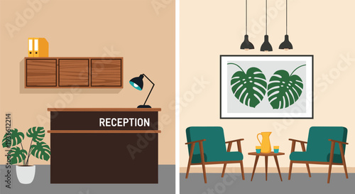 Modern office reception desk and waiting area interior with chairs plants and wall decor vector illustration