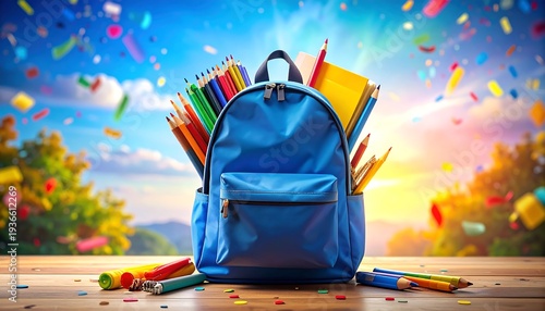 A blue backpack filled with colorful school supplies on a wooden table