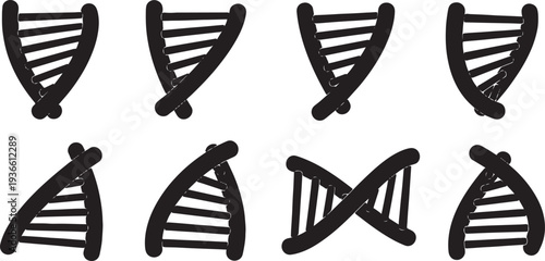Black Solid 3D Perspective DNA Silhouettes Set of Six on White Background