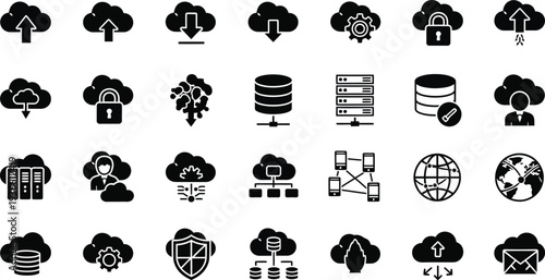Collection of 25 black and white industrial and construction related icons