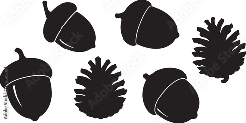 Black Solid Acorn and Pinecone Silhouettes Set of Six on White Background