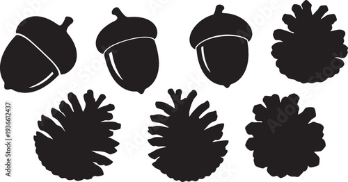 Black Solid Acorn and Pinecone Silhouettes Set of Six on White Background
