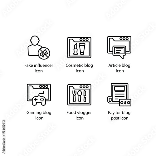 Fake influencer, Cosmetic blog, Article blog, Gaming blog, Food vlogger, Pay for blog post, icon