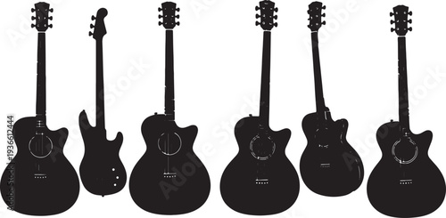 Black Solid Acoustic Bass Silhouettes Set of Six on White Background