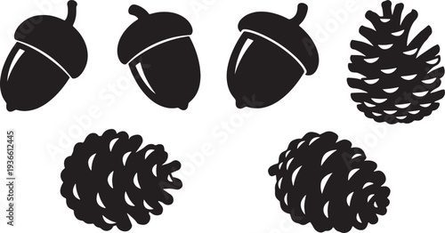 Black Solid Acorn and Pinecone Silhouettes Set of Six on White Background