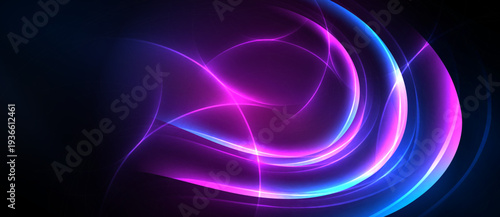 Abstract flowing lines, vibrant purple, blue hues. Dynamic energy radiates from center, dark background enhances luminosity.