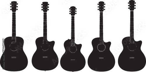 Black Solid Acoustic Guitar Silhouettes Set of Six on White Background