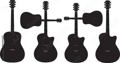 Black Solid Acoustic Guitar Silhouettes Set of Six on White Background