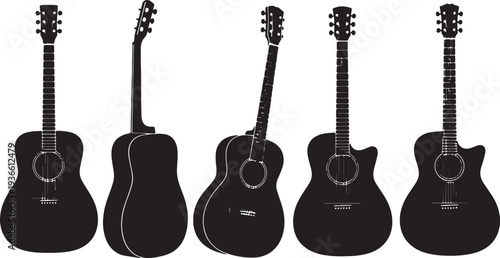 Black Solid Acoustic Guitar Silhouettes Set of Six on White Background
