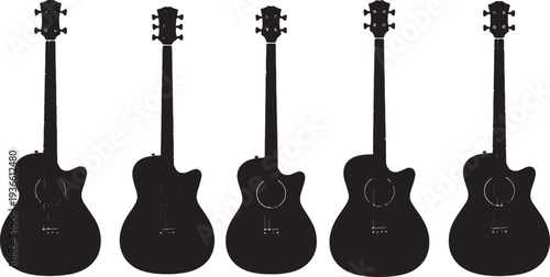 Black Solid Acoustic Bass Silhouettes Set of Six on White Background