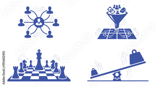 Professional business icons showing central network nodes financial conversion funnels chess board strategy leadership and weighted gear balance for stability