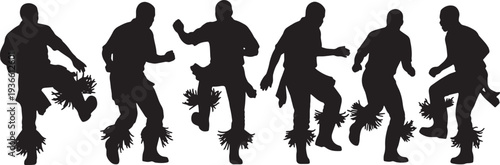 Black Solid African Gumboot Dance Silhouettes Set of Six on White Background