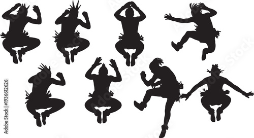 Black Solid African Tribal Dance Silhouettes Set of Six on White Background