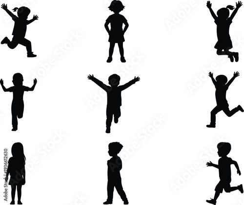 Happy children silhouettes set with kids jumping, running and playful poses isolated on white background joyful childhood activity
