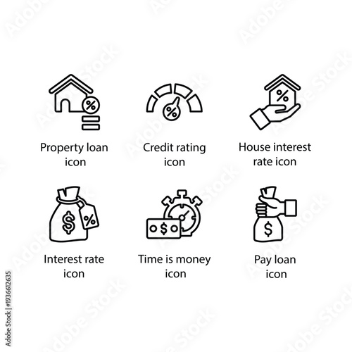 Property loan, Credit rating, House interest rate, Interest rate, Time is money, pay loan, icon