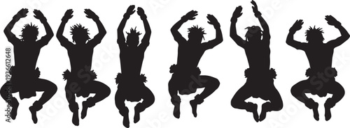 Black Solid African Tribal Dance Silhouettes Set of Six on White Background