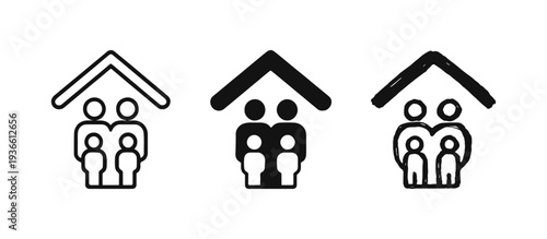 Family and Home Icon Set in Outline, Solid, and Doodle Styles - House with Family Symbols for Real Estate & Community