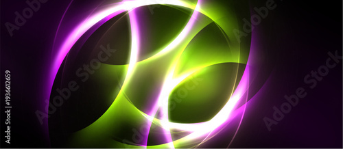 Abstract design features vibrant purple, green, white swirls. Dynamic energy radiates from central glowing form. Smooth curves create captivating visual effect.
