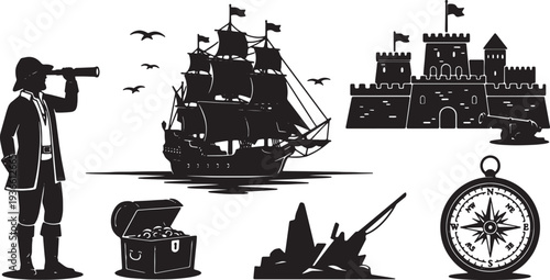 Black Solid Age of Discovery Harbor Silhouettes Set of Six on White Background