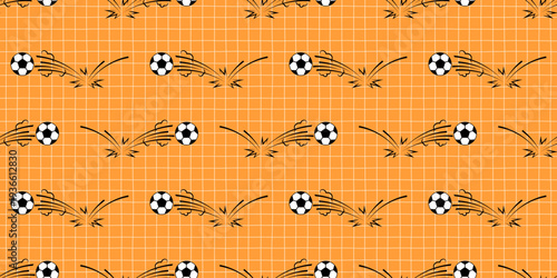 Soccer ball pattern seamless football american with texture boy sport. Vector design doodle and print border cute with hexagon bg world cup. Kids soccer wallpaper and net seamless world.