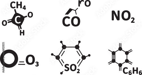 Black Solid Air Pollutant Silhouettes Set of Six on White Background