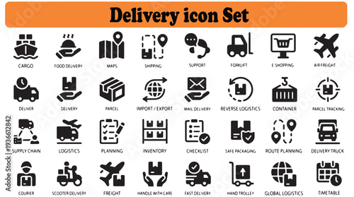 Delivery Icon Set Featuring Various Transportation Modes and Logistics Symbols