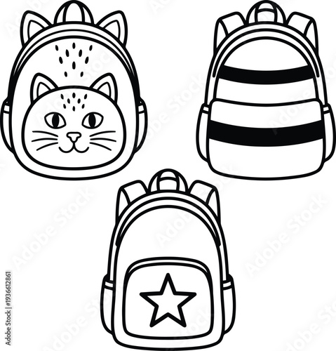 School backpack line art set vector illustration.
